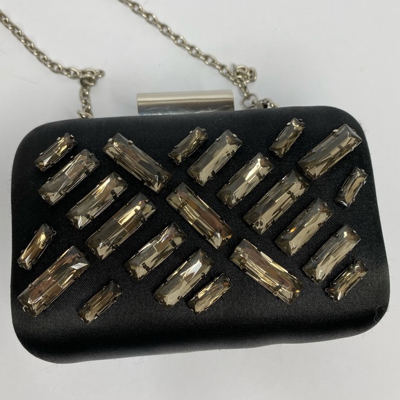 Bebe Black Satin Clutch with Silver Strap Used - Picture 2 of 10